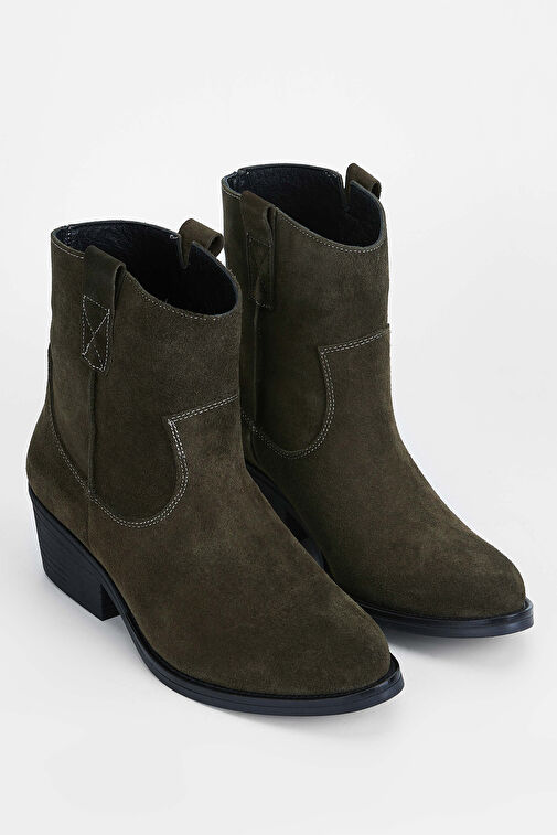 Tamer Tanca Kadın Hakiki Deri Haki Süet Western Bot - Görsel 3