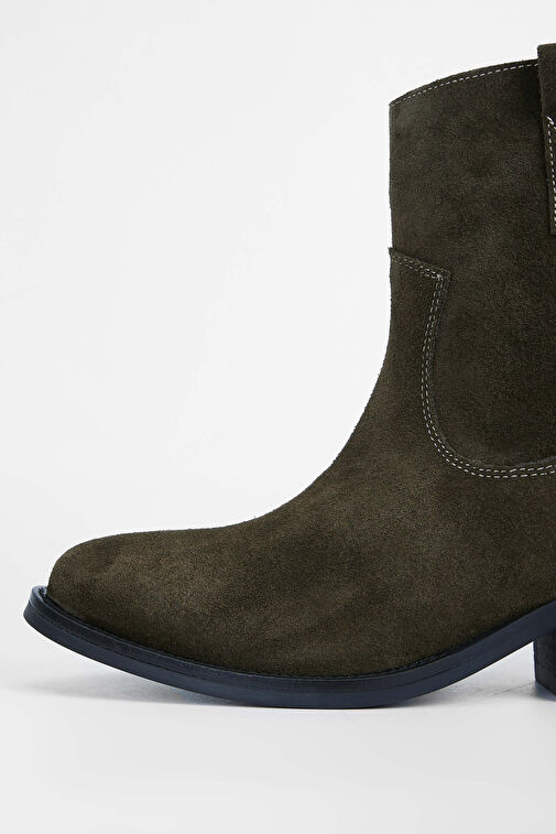 Tamer Tanca Kadın Hakiki Deri Haki Süet Western Bot - Görsel 4