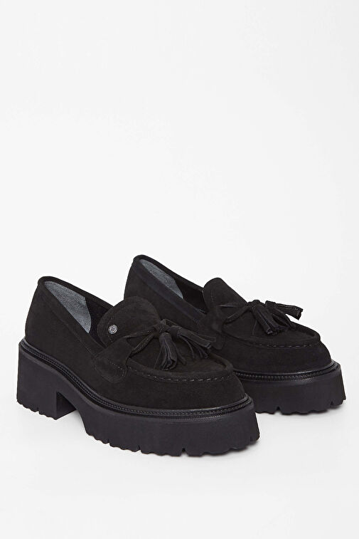 Tamer Tanca Kadın Hakiki Deri Siyah Süet Loafer Ayakkabı - Görsel 3