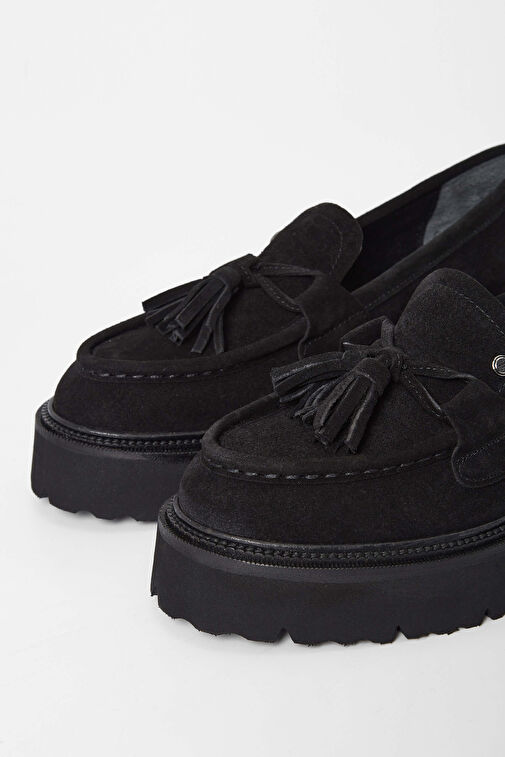 Tamer Tanca Kadın Hakiki Deri Siyah Süet Loafer Ayakkabı - Görsel 4