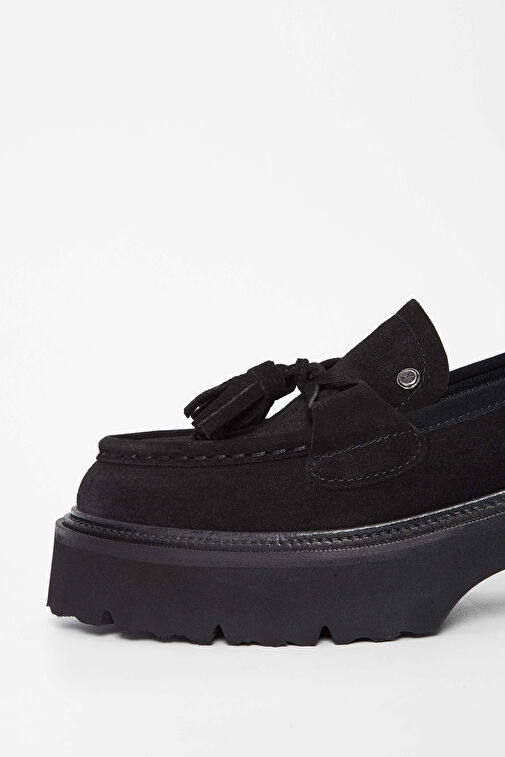 Tamer Tanca Kadın Hakiki Deri Siyah Süet Loafer Ayakkabı - Görsel 5