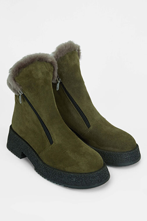 Tamer Tanca Kadın Hakiki Deri Haki Süet Casual Bot - Görsel 3