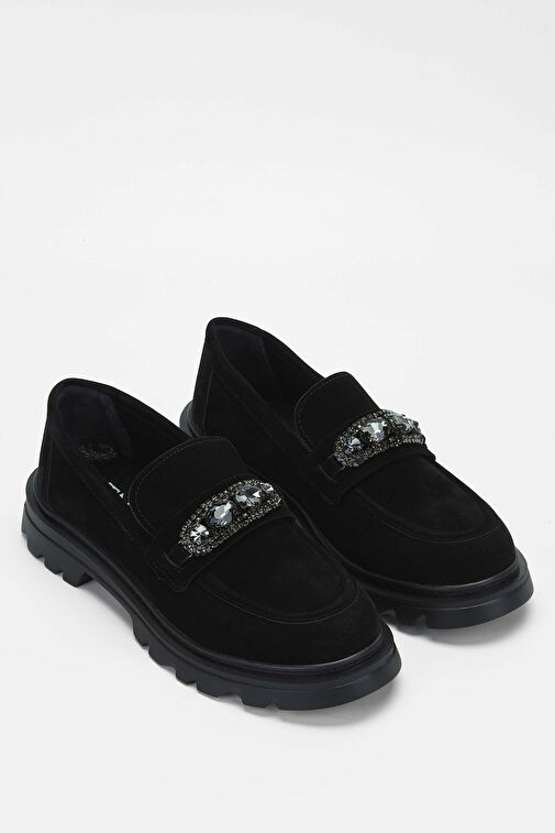 Tamer Tanca Kadın Suni Deri Siyah Süet Loafer Ayakkabı - Görsel 3
