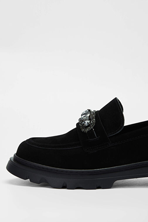 Tamer Tanca Kadın Suni Deri Siyah Süet Loafer Ayakkabı - Görsel 4