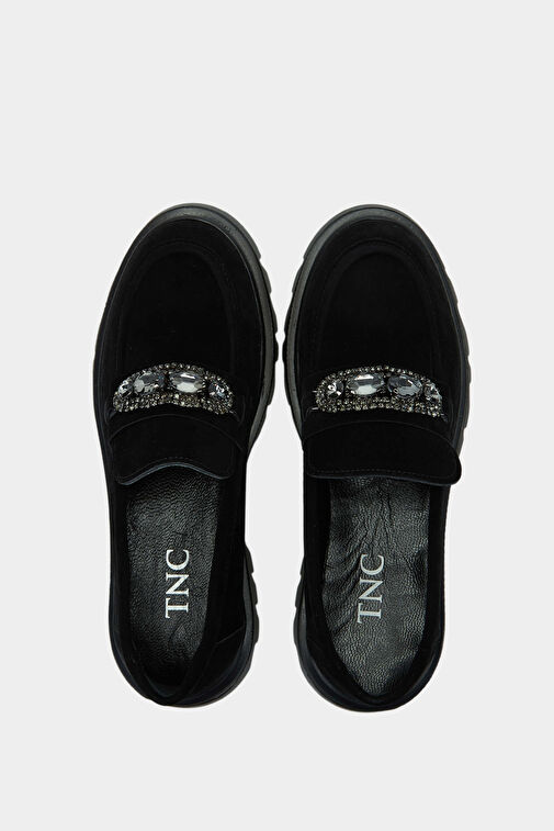 Tamer Tanca Kadın Suni Deri Siyah Süet Loafer Ayakkabı - Görsel 6