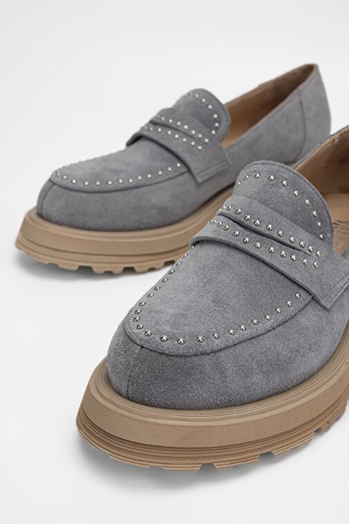 Valmenti Kadın Gri Süet Hakiki Deri Loafer Ayakkabı - Görsel 4