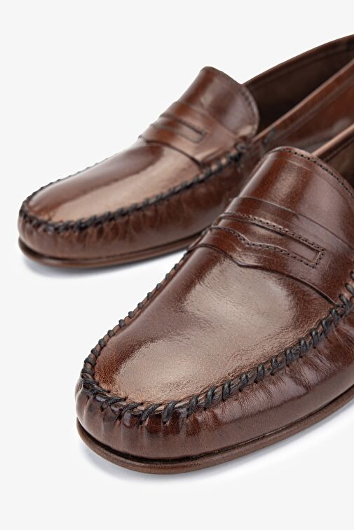 D.LEPORI Erkek Hakiki Deri Kahverengi Loafer Ayakkabı - Görsel 4