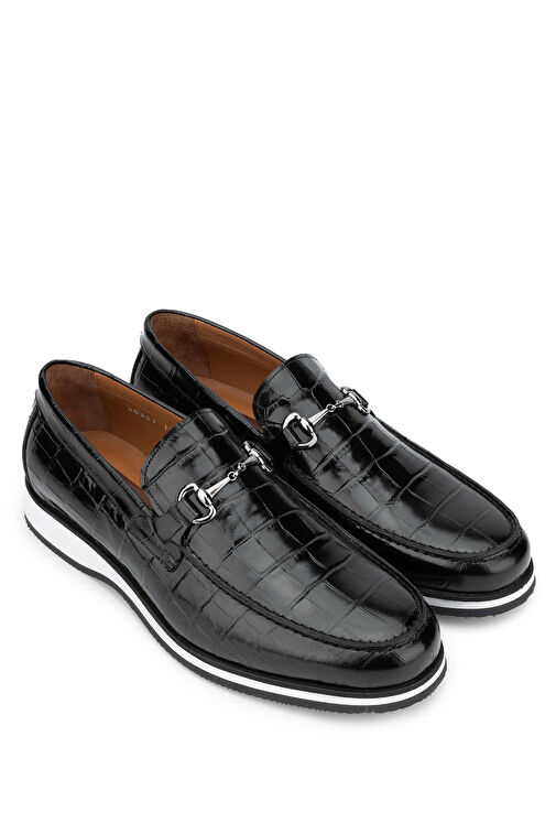 Tamer Tanca Erkek Hakiki Deri Siyah Kroko Loafer Ayakkabı - Görsel 3