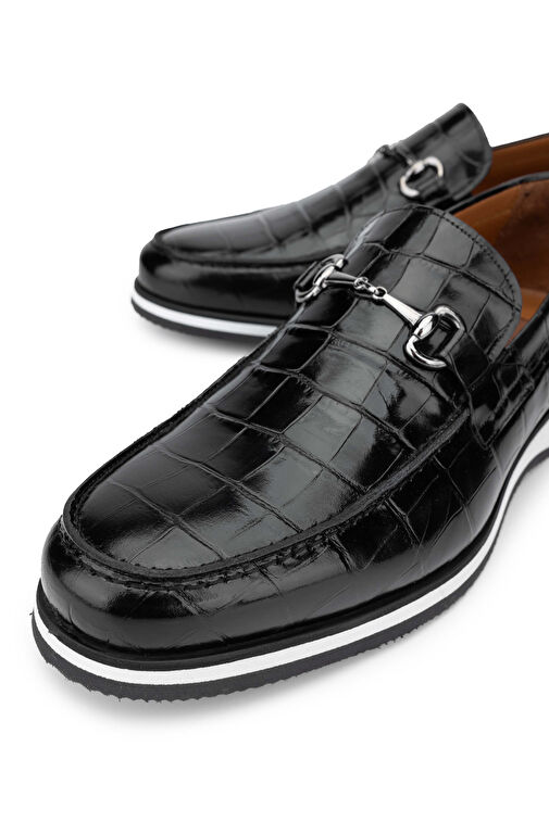 Tamer Tanca Erkek Hakiki Deri Siyah Kroko Loafer Ayakkabı - Görsel 4