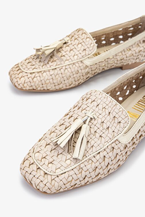 Valmenti Armis Kadın Bej Hasır Hakiki Deri Loafer Ayakkabı - Görsel 4