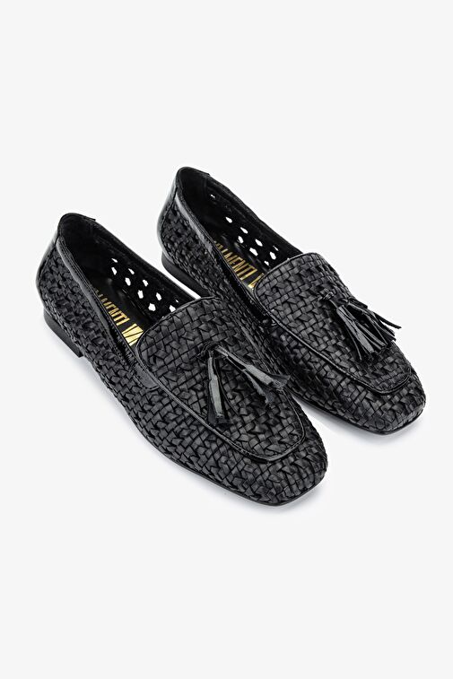 Valmenti Armis Kadın Siyah Hasır Hakiki Deri Loafer Ayakkabı - Görsel 3