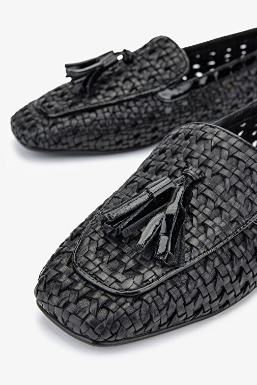 Valmenti Armis Kadın Siyah Hasır Hakiki Deri Loafer Ayakkabı - Görsel 4