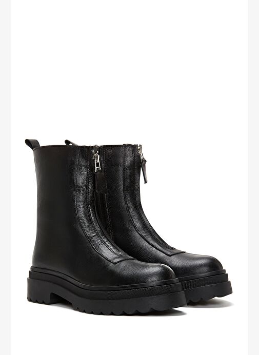 Kadın Siyah Fermuarlı Kalın Tabanlı Deri Bot 25WFD182218 - Görsel 5