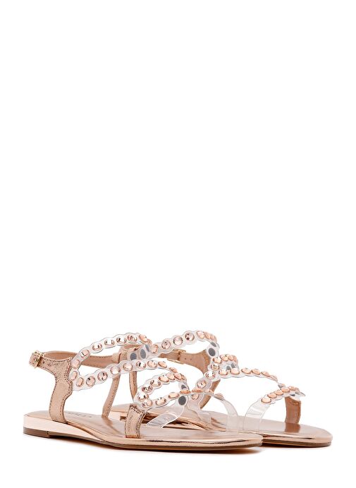 Kadın Pembe Altın Taşlı Düz Sandalet 23SFD4454PV - Görsel 4