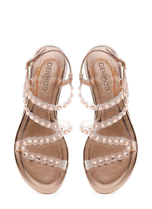 Kadın Pembe Altın Taşlı Düz Sandalet 23SFD4454PV - Görsel 7