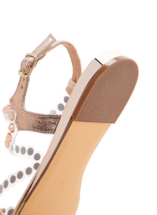 Kadın Pembe Altın Taşlı Düz Sandalet 23SFD4454PV - Görsel 9