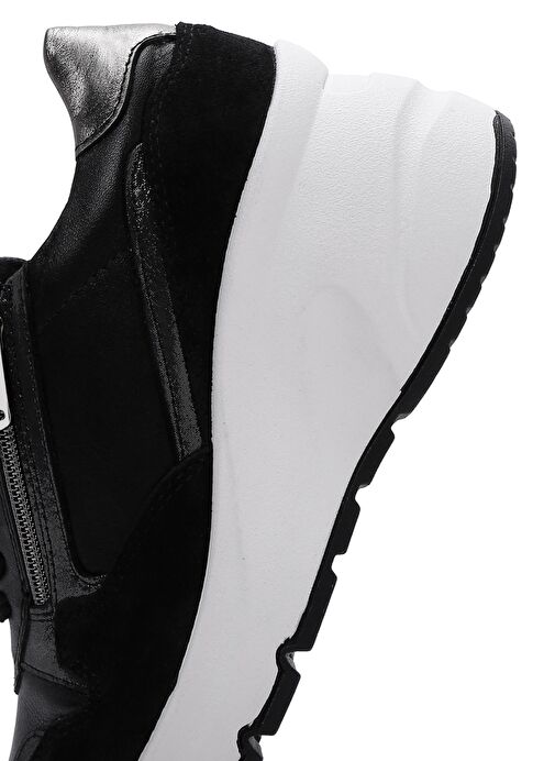 Kadın Siyah Bağcıklı Fermuar Detaylı Dolgu Topuklu Deri Sneaker 25AFD370514 - Görsel 8