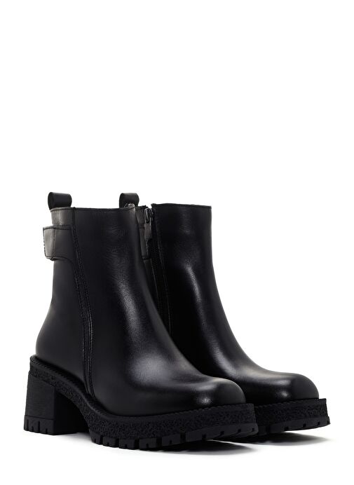 Kadın Siyah Fermuarlı Kalın Topuklu Deri Bot 25WFD130318 - Görsel 6