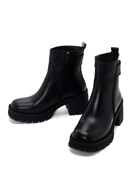 Kadın Siyah Fermuarlı Kalın Topuklu Deri Bot 25WFD130318 - Görsel 4