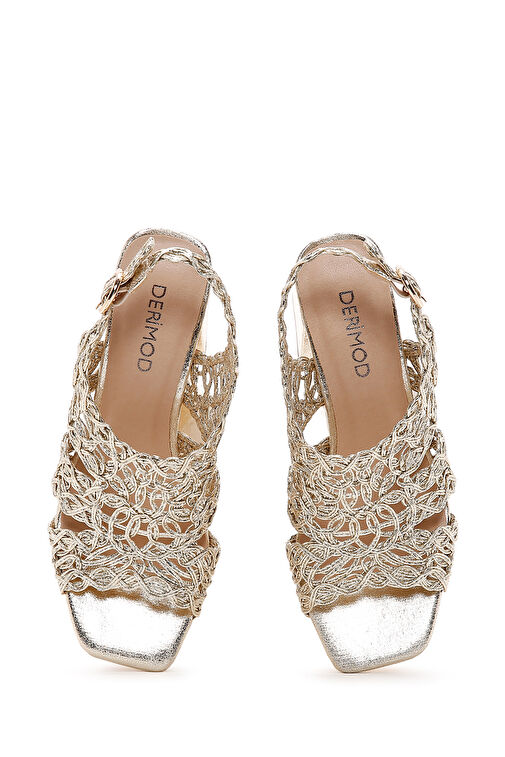 Derimod Derimod Kadın Altın Bilekten Bantlı Metalik Topuklu Örgü Desenli Sandalet 24SFD440932 Boyner'de! Altın - 7. görsel