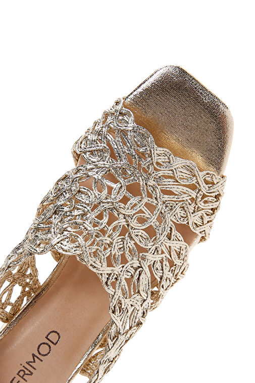 Derimod Derimod Kadın Altın Bilekten Bantlı Metalik Topuklu Örgü Desenli Sandalet 24SFD440932 Boyner'de! Altın - 8. görsel