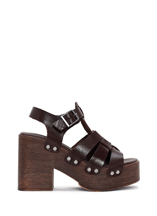 Kadın Kahverengi Kalın Topuklu Tokalı Deri Sandalet 24SFD152118 - Görsel 2