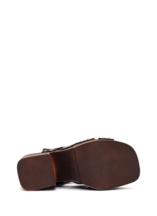 Kadın Kahverengi Kalın Topuklu Tokalı Deri Sandalet 24SFD152118 - Görsel 6