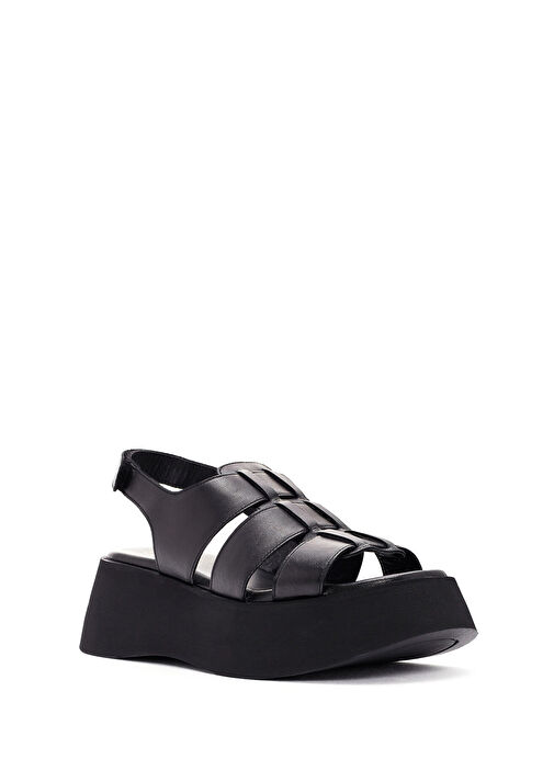 Kadın Siyah Kalın Tabanlı Deri Sandalet 24SFD201318 - Görsel 7