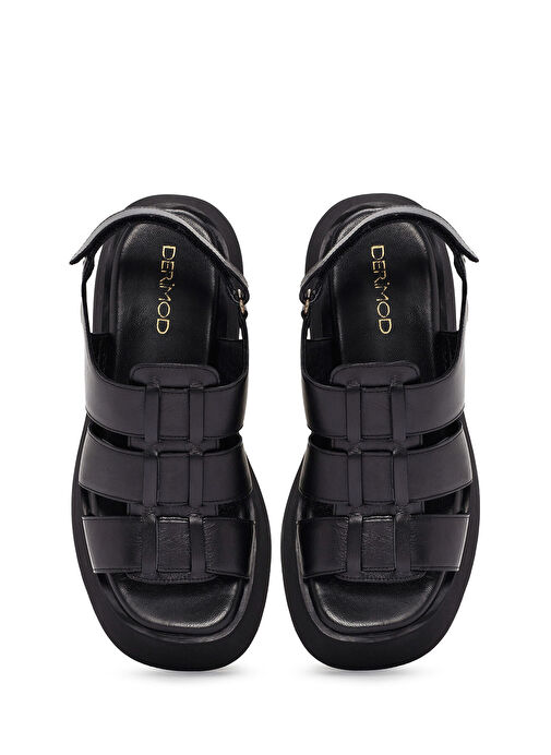 Kadın Siyah Kalın Tabanlı Deri Sandalet 24SFD201318 - Görsel 8