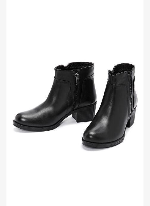 Kadın Siyah Fermuarlı Kalın Topuklu Deri Bot 25WFD411218 - Görsel 4