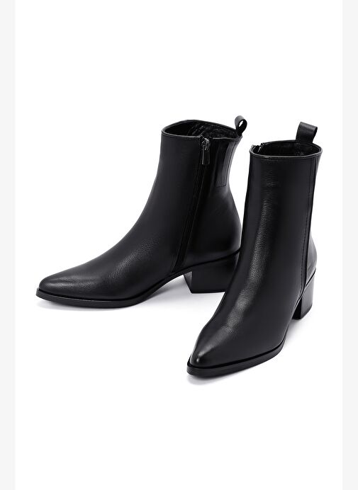 Kadın Siyah Fermuar Detaylı Kısa Topuklu Deri Bot 25WFD151218 - Görsel 4