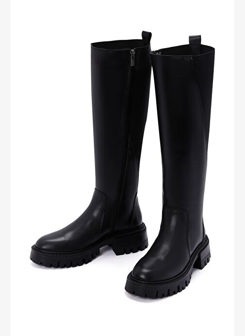 Kadın Siyah Fermuarlı Kalın Tabanlı Deri Çizme 25WFD152114 - Görsel 4