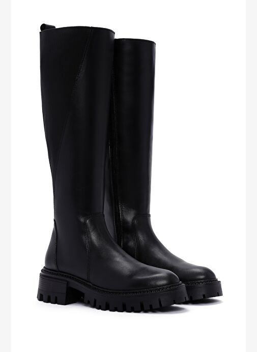 Kadın Siyah Fermuarlı Kalın Tabanlı Deri Çizme 25WFD152114 - Görsel 6