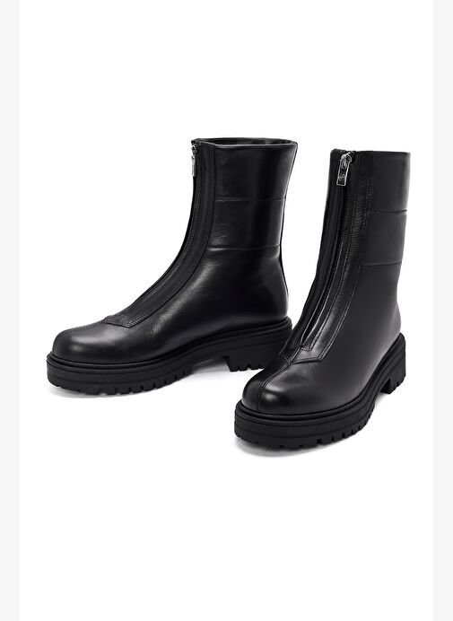 Kadın Siyah Önden Fermuarlı Deri Bot 25WFD110818 - Görsel 4