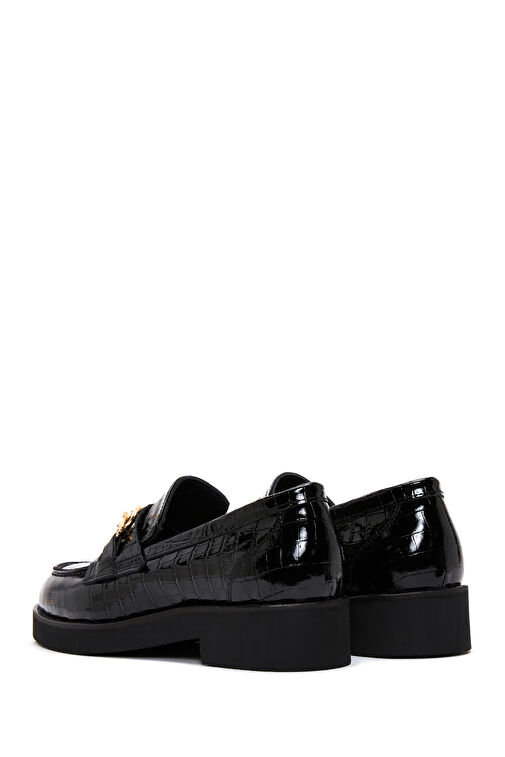Kadın Siyah Kroko Desenli Zincir Detaylı Deri Maskülen Loafer 24WFD1300E3 - Görsel 6
