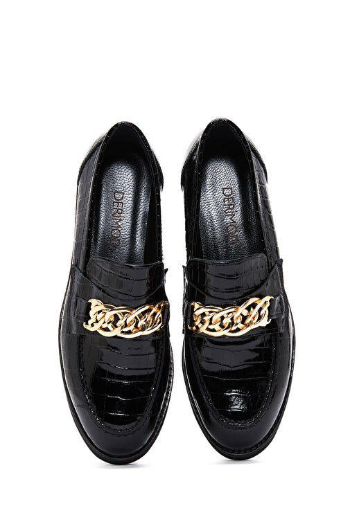 Kadın Siyah Kroko Desenli Zincir Detaylı Deri Maskülen Loafer 24WFD1300E3 - Görsel 7