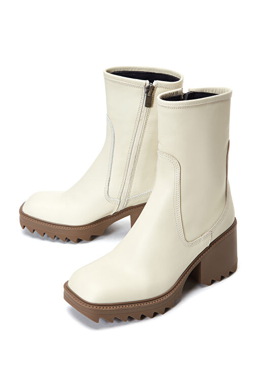 Kadın Bej Fermuarlı Kalın Topuklu Deri Bot 24WFD131518 - Görsel 4