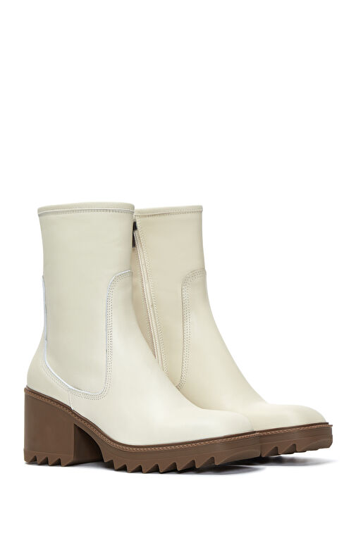 Kadın Bej Fermuarlı Kalın Topuklu Deri Bot 24WFD131518 - Görsel 5