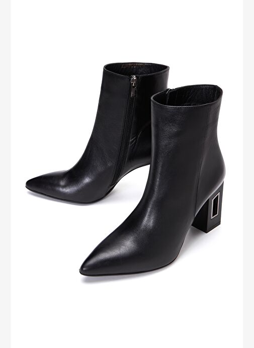 Kadın Siyah Fermuarlı Kalın Topuklu Deri Bot 25WFD130918 - Görsel 4
