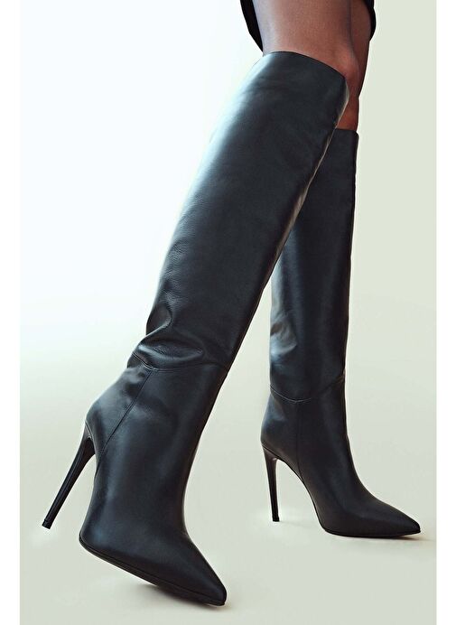Kadın Siyah İnce Topuklu Deri Çizme 24WFD132318 - Görsel 2