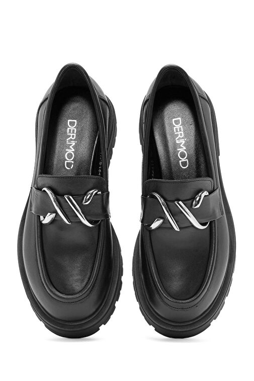 Kadın Siyah Toka Detaylı Deri Maskülen Loafer 24WFD184418 - Görsel 8