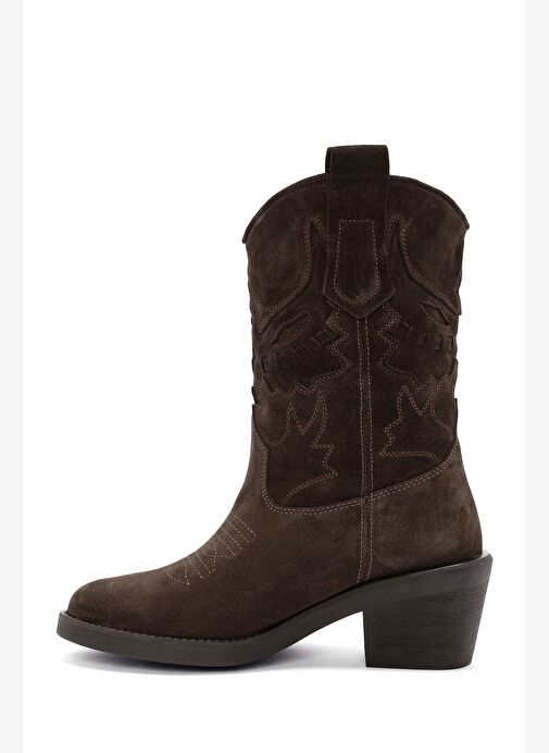 Kadın Kahverengi Kısa Kalın Topuklu Süet Deri Kovboy Bot 25AFD184210 - Görsel 6