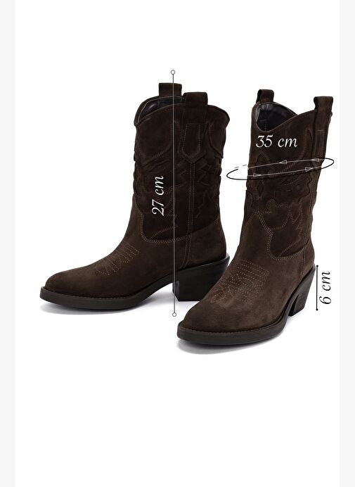 Kadın Kahverengi Kısa Kalın Topuklu Süet Deri Kovboy Bot 25AFD184210 - Görsel 3