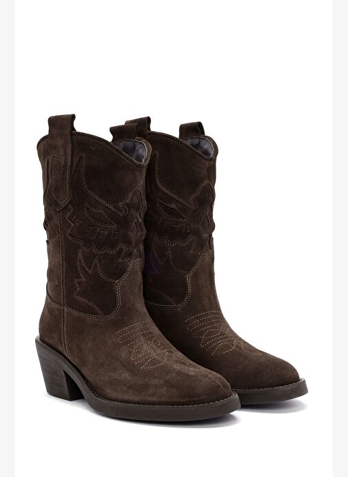 Kadın Kahverengi Kısa Kalın Topuklu Süet Deri Kovboy Bot 25AFD184210 - Görsel 7