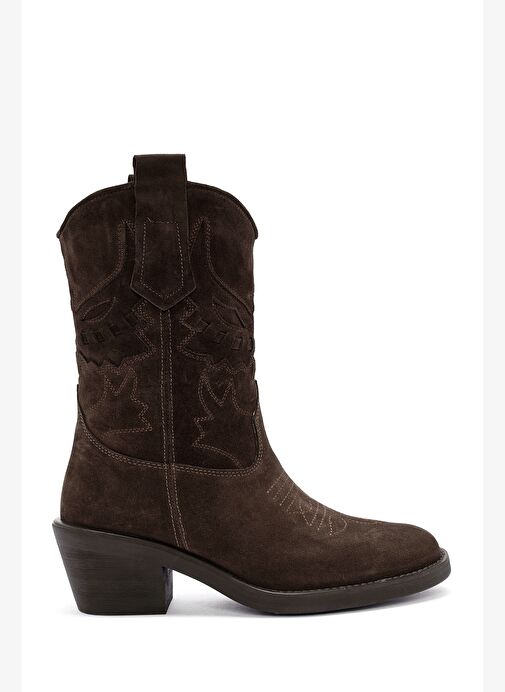 Kadın Kahverengi Kısa Kalın Topuklu Süet Deri Kovboy Bot 25AFD184210 - Görsel 5