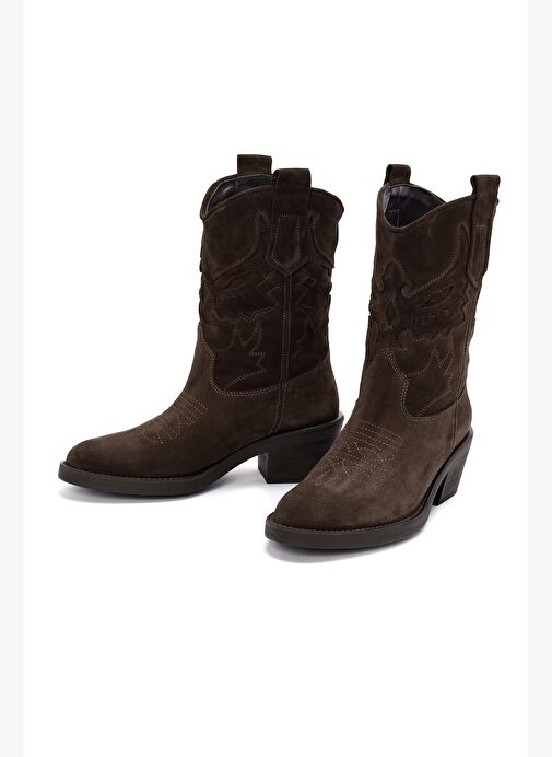 Kadın Kahverengi Kısa Kalın Topuklu Süet Deri Kovboy Bot 25AFD184210 - Görsel 4