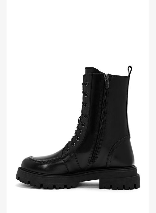 Kadın Siyah Bağcıklı Fermuar Detaylı Deri Postal Bot 25WFD180618 - Görsel 3