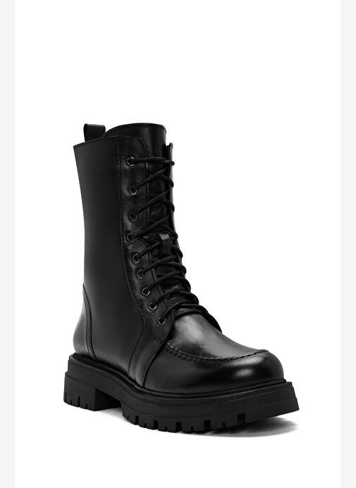 Kadın Siyah Bağcıklı Fermuar Detaylı Deri Postal Bot 25WFD180618 - Görsel 7