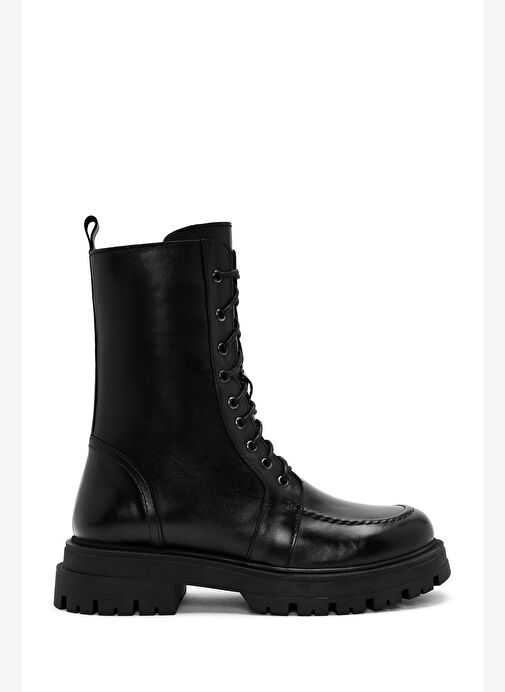 Kadın Siyah Bağcıklı Fermuar Detaylı Deri Postal Bot 25WFD180618 - Görsel 2