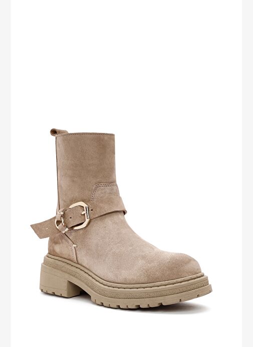 Kadın Bej Fermuarlı Kalın Tabanlı Süet Deri Bot 25WFD183210 - Görsel 8